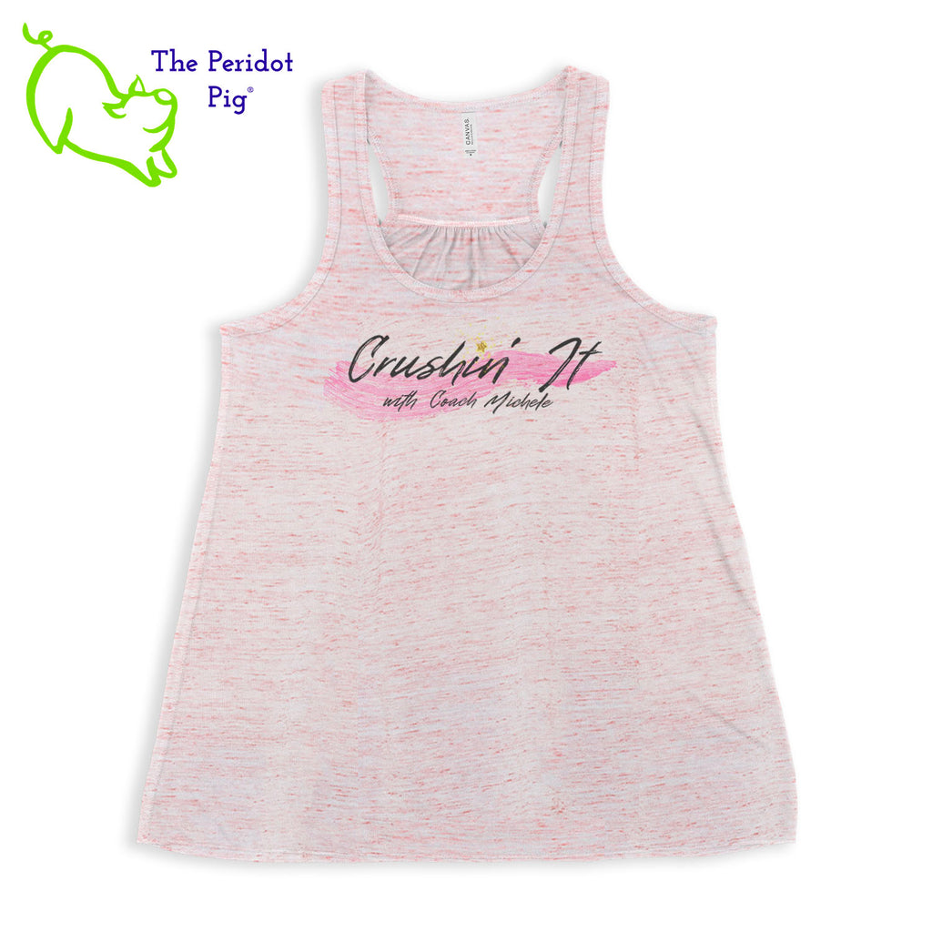 The front features Coach Michele Smits' Crushin' It! logo and the back is blank. There's also a small gold, glitter star over the "i" because everyone needs a little sparkle! The print will be in a "vintage" look that is slightly faded on the white, pink and athletic heather versions. On the marble colors, the print is a little more vivid. Front view in Red Marble.