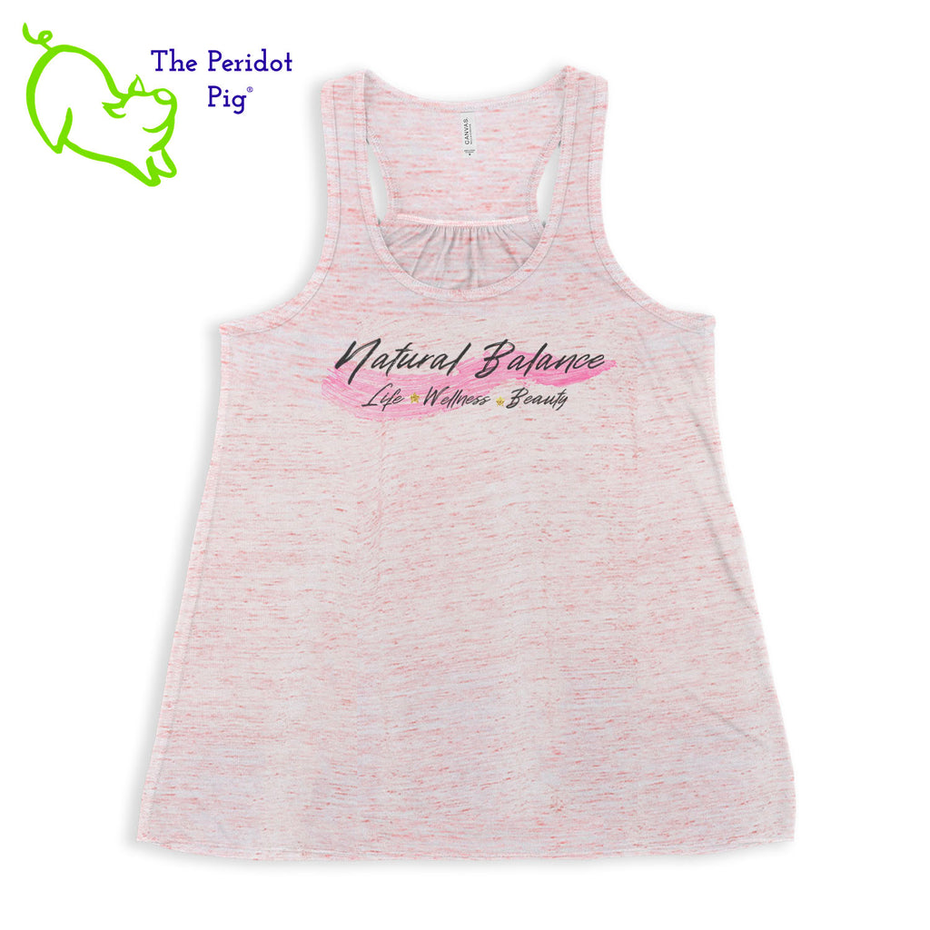 This racerback tank is super soft, lightweight, and form-fitting (but not too tight in the mid-section) with a flattering cut and raw edge seams for an edgy touch. The front features Coach Michele Smits' Natural Balance logo and the back is blank. Front view in red marble.