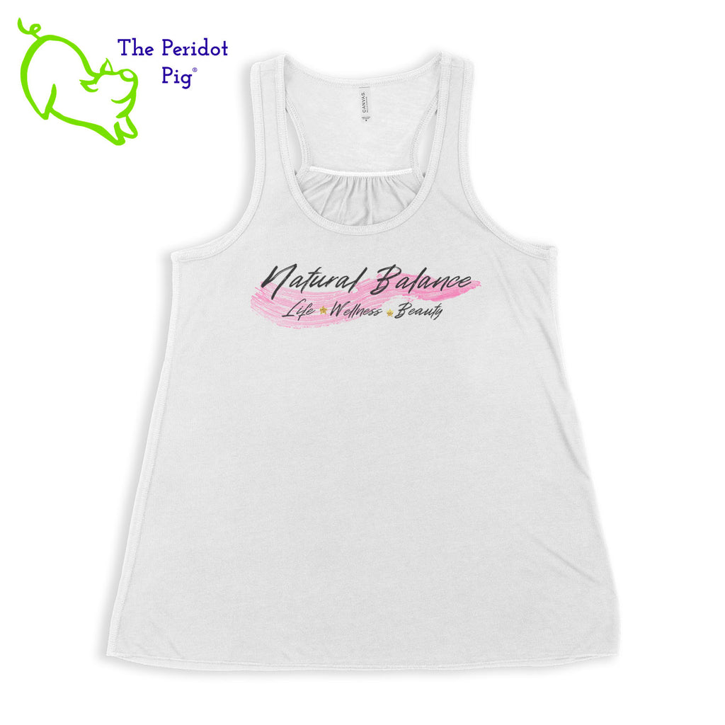 This racerback tank is super soft, lightweight, and form-fitting (but not too tight in the mid-section) with a flattering cut and raw edge seams for an edgy touch. The front features Coach Michele Smits' Natural Balance logo and the back is blank. Front view in white.