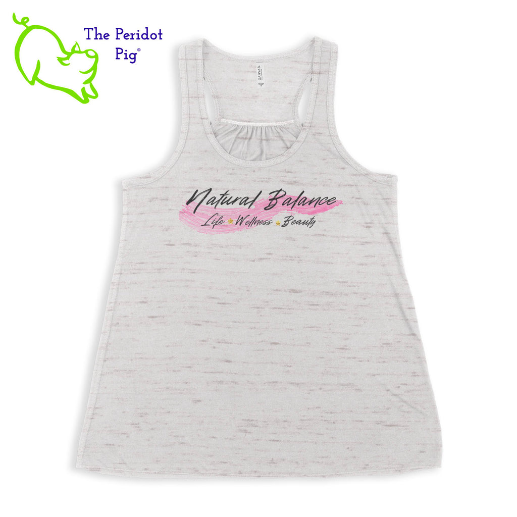 This racerback tank is super soft, lightweight, and form-fitting (but not too tight in the mid-section) with a flattering cut and raw edge seams for an edgy touch. The front features Coach Michele Smits' Natural Balance logo and the back is blank. Front view in white marble.