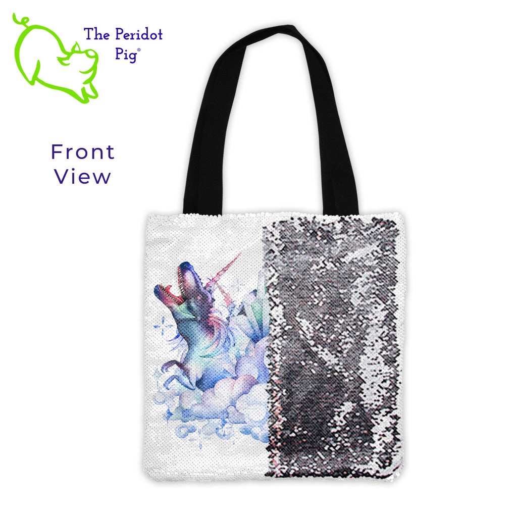 The DinoCorns are back just in time for Spring! We all need to add a bit of fun bling! This fun tote has "flip sequins" on the front like you've seen on pillows and other accessories. Flip them one way and it's a bright silver. Flip them the other way, the sequins are white with our fun DinoCorn prints.   Option A-Single has one DinoCorn with a "ROARR!!". Option B-Double has two DinoCorns depicted back-to-back with magical crystals. Option B shown - front view with half the sequins flipped.