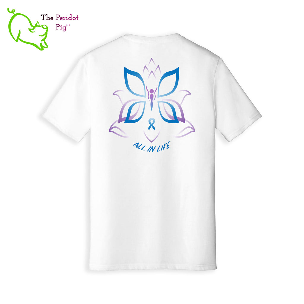 This unisex tee has a classic v-neck cut and fits like a well-loved favorite. The front design shows a small version of Kristin Zako's logo in bright blue and purple on the left shoulder. The back has a larger version of the image. Since this is a tri-blend fabric, the print will have a slightly faded, "vintage" look. Back view in White