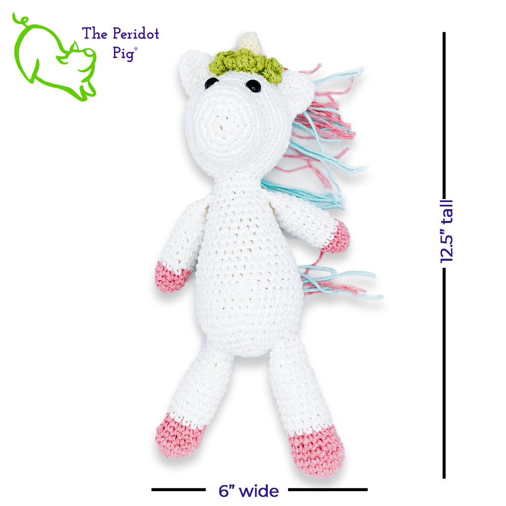 Lily is my first unicorn amigurumi. She's made of sturdy cotton yarn in white, pink, teal and green. She has a cute little yellow horn with three green flowers surrounding her head. She's a soft, squishy toy but still pretty indestructible and meant to last a life-time.  Front view long shown with dimensions