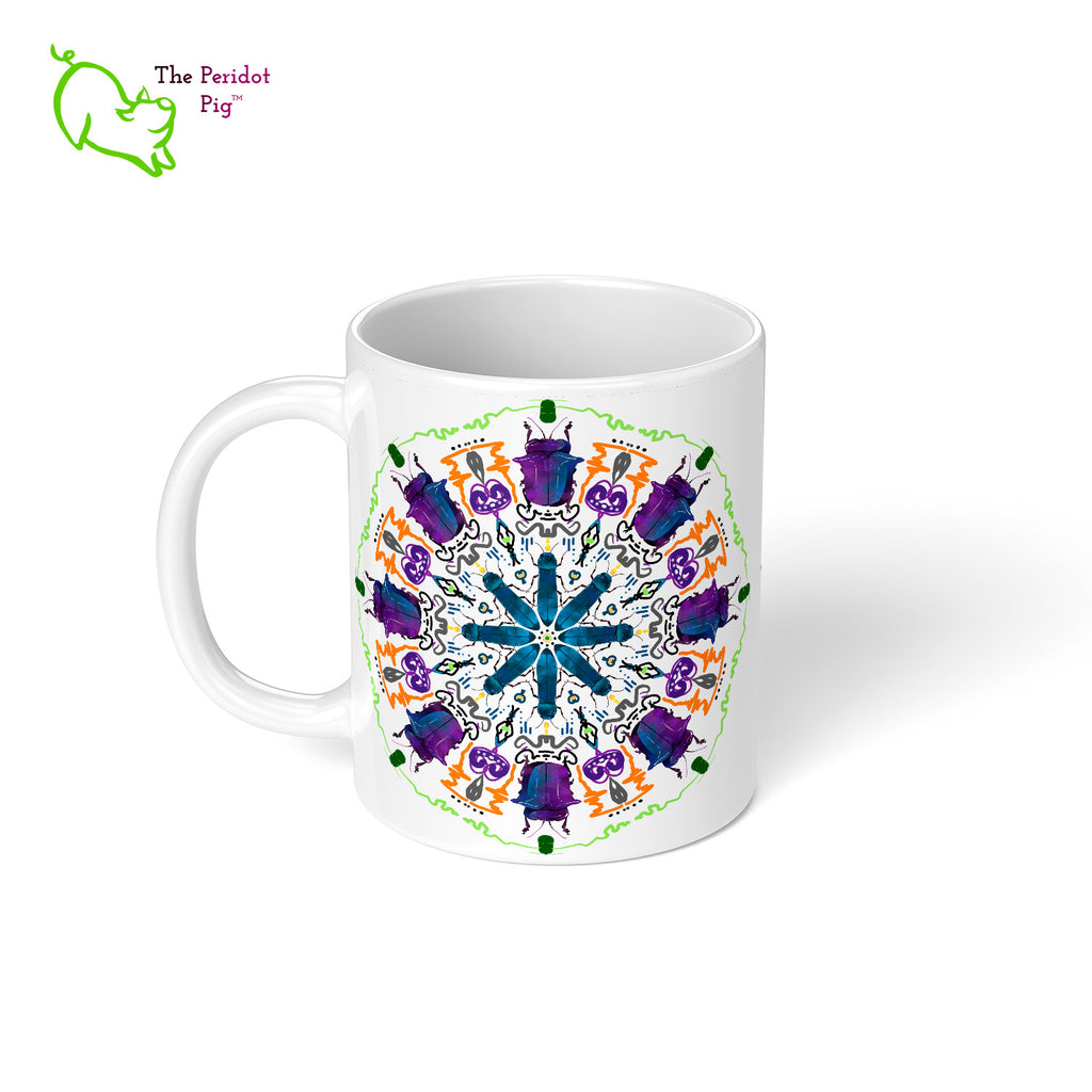A colorful mandala of beetles graces this 11 oz mug. The larger beetle has shades of violet and blue. The smaller beetle is in a delicate shade of blue. Printed on a glossy white mug, these bugs really pop! Left view