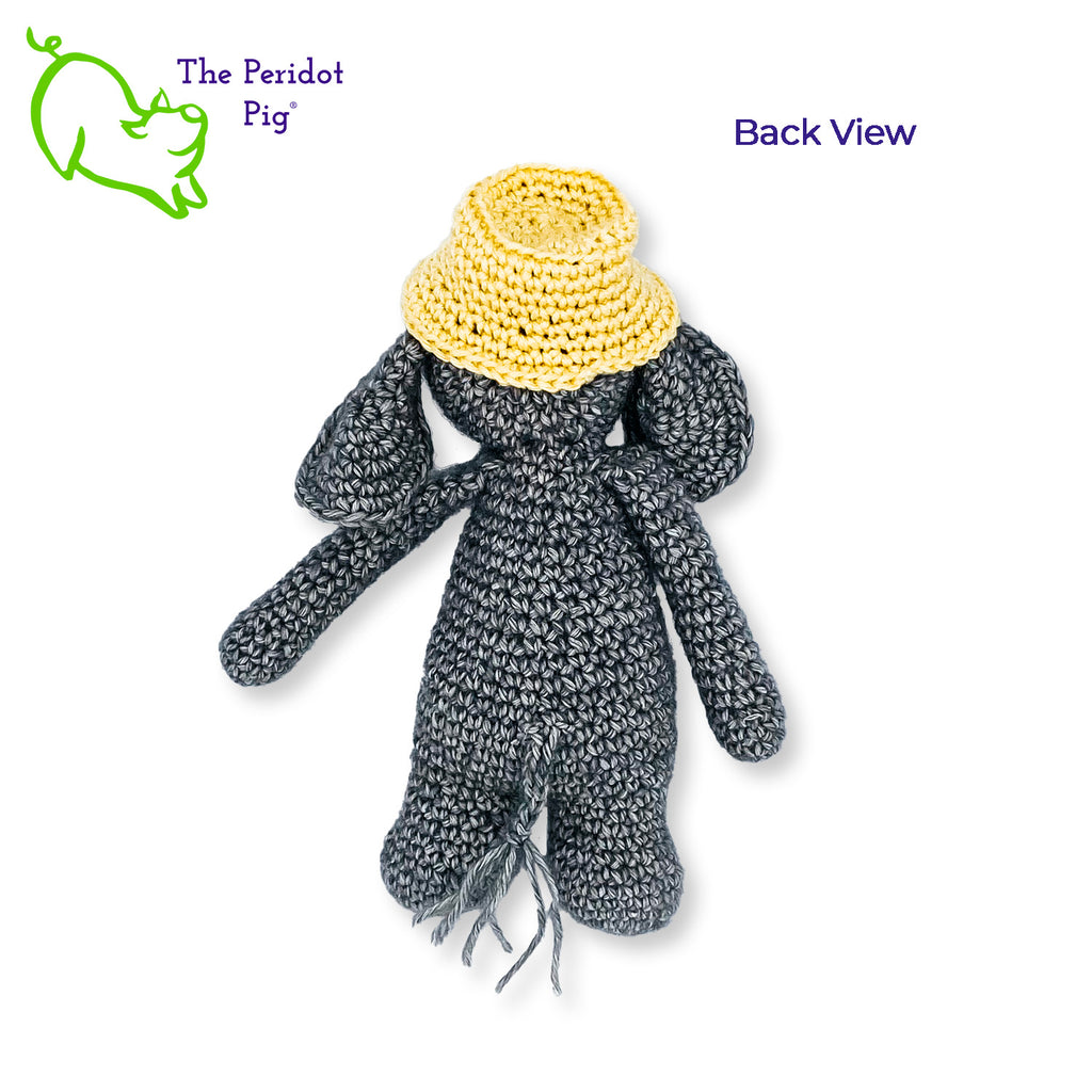 Ollie is sporting a little yellow, dad hat. We really think all elephants should wear a bucket hat. It really becomes him! He's hand crocheted out of a soft cotton/acrylic blend and will last a lifetime. His cute little hat is tacked on so it won't get lost. Back view shown.