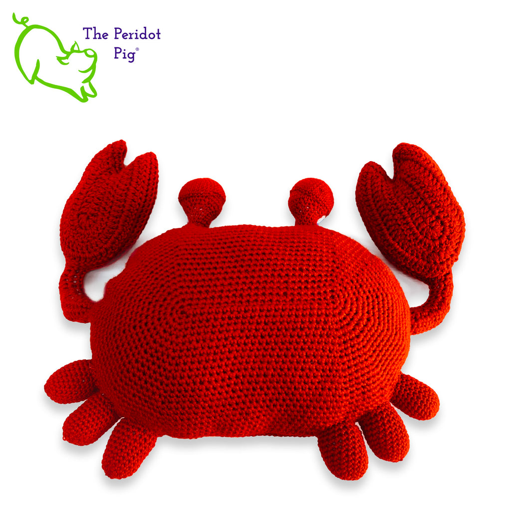 Clarke is a really large amigurumi pillow! Some think he can be a bit terse but he's really the life of the party. Those eyes pop up and just seem to say, "Hellloooooo!" He's dressed for the occasion with his spiffy little bow tie. Back view shown.