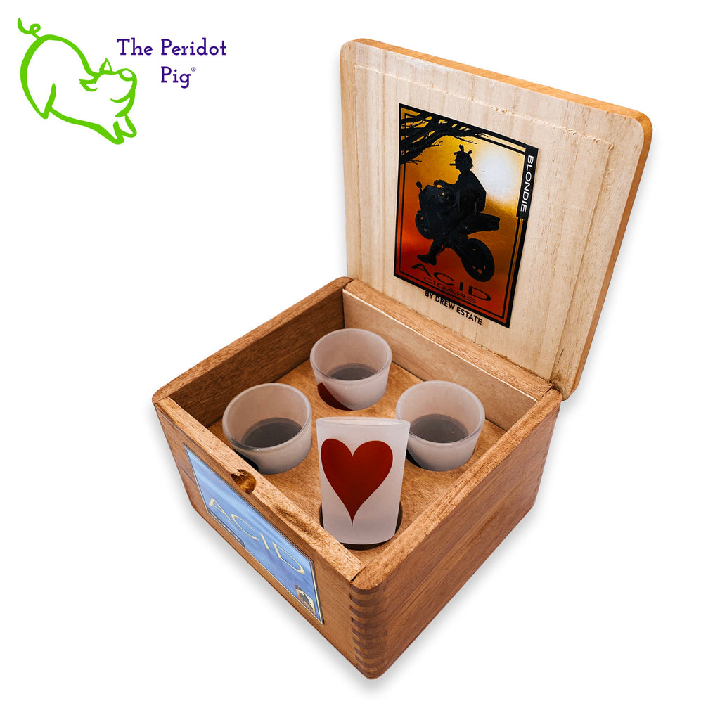 Do you have cigar smoking, card playing, shot drinking kind of friend?? Here's the perfect gift for them! We've taken a gently used cigar box and added a holder for 4 frosted glass shot glasses. We've then printed a spade, club, diamond and heart on the front of each shot glass. Open box view with four glasses shown.