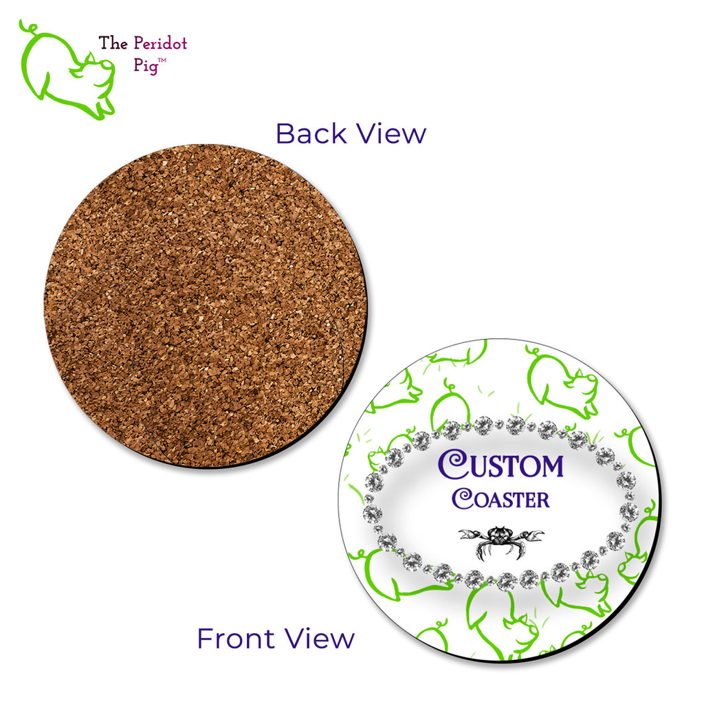 A set of 4 custom round coasters with cork backing. Showing front and back with a sample image.