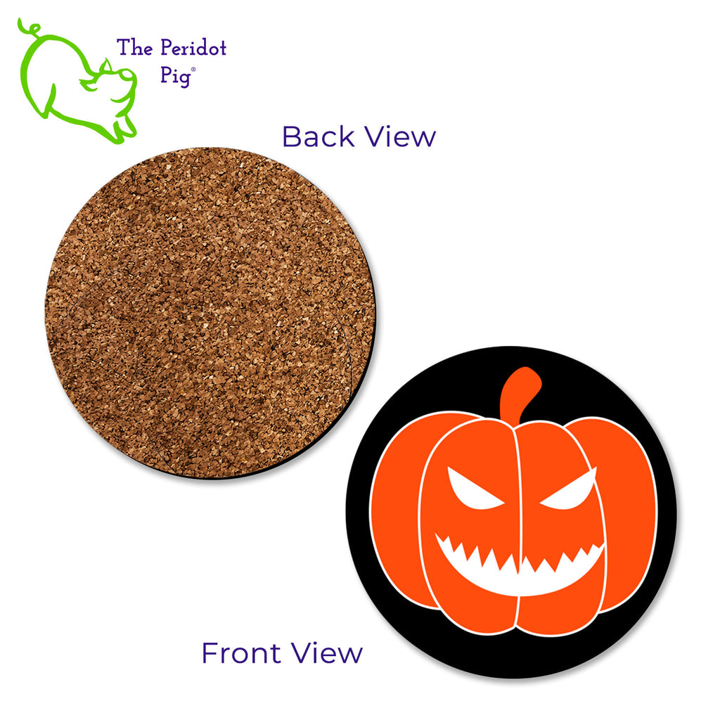 A cute treat for your Halloween party! This set of four round coasters have simple carved pumpkin designs that bring out the Halloween spirit. Each coaster features a different jack-o-lantern face. A front and back view.