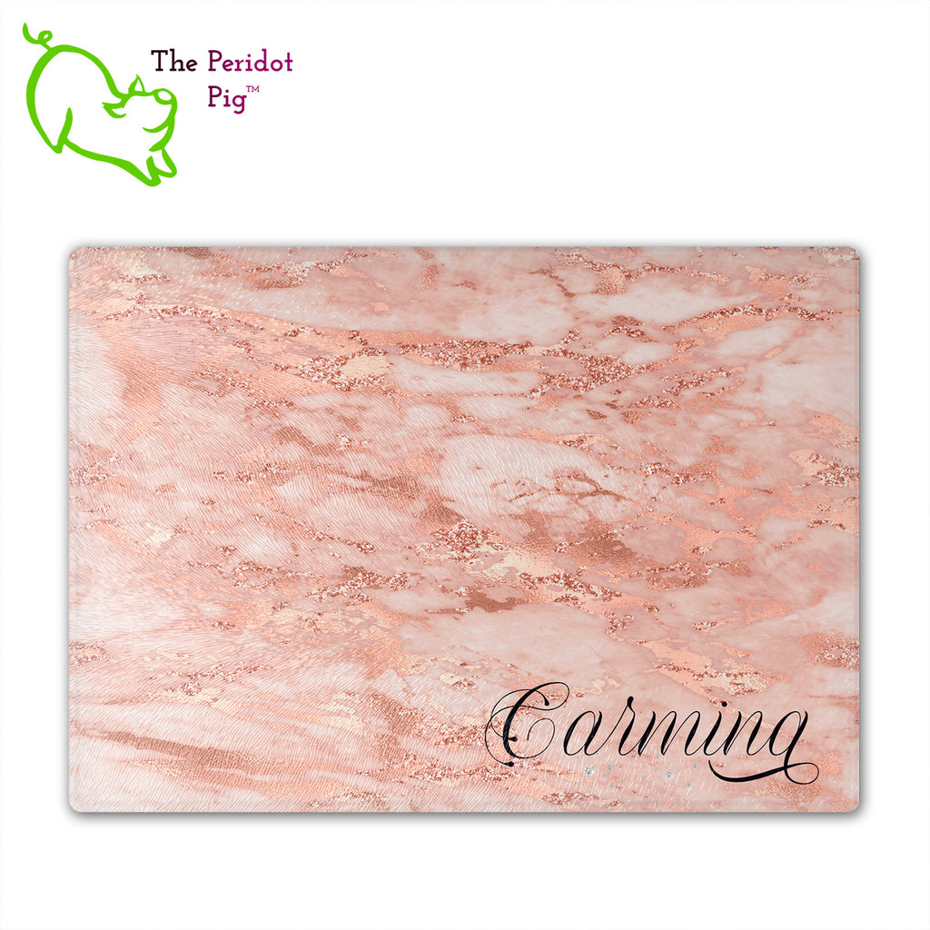 These beautiful tempered glass cutting boards are a wonderful keepsake!  They can be personalized with names, quotes or dates. These feature swirling marbles in rose gold and glitter foil in a vivid and detailed print. We prefer a scrolling script for the personalization in this design. There is also a little bling under the name included too. Front view with sample text. Style A