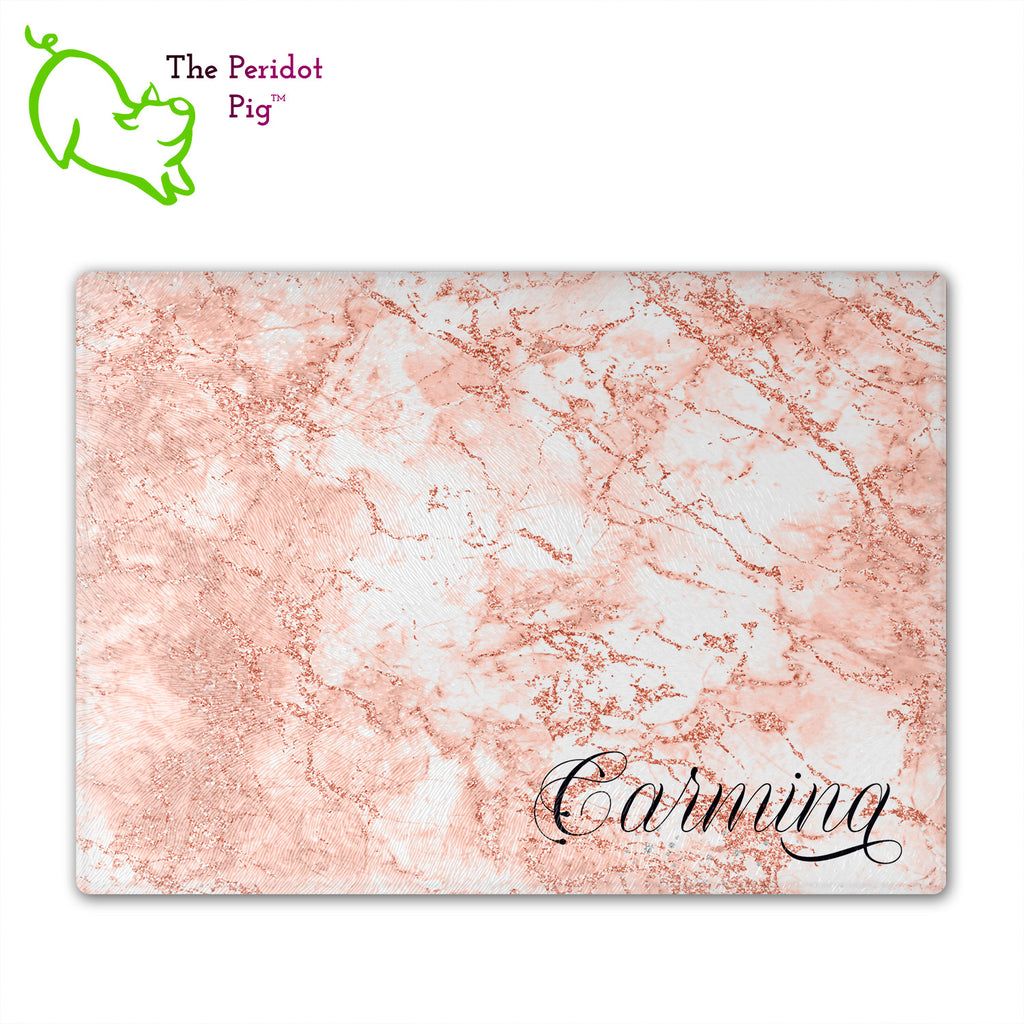 These beautiful tempered glass cutting boards are a wonderful keepsake!  They can be personalized with names, quotes or dates. These feature swirling marbles in rose gold and glitter foil in a vivid and detailed print. We prefer a scrolling script for the personalization in this design. There is also a little bling under the name included too. Front view with sample text. Style C