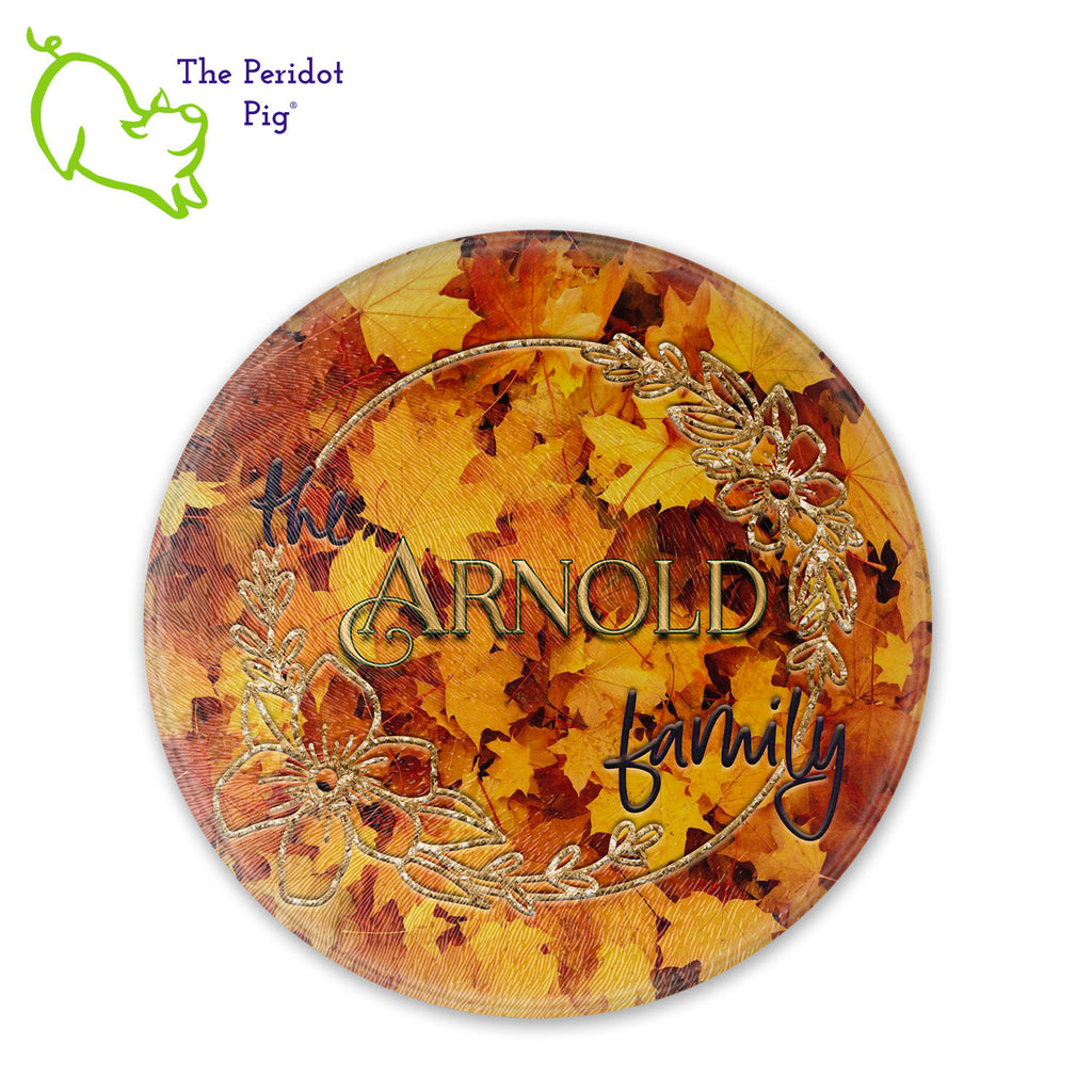 Can't find the perfect gift? How about a personalized glass cutting board in fall colors?? These make a perfect birthday, holiday or house warming gift! We've designed these with Autumn leaves in mind and a little 70s throwback vibe. They are printed in permanent sublimation colors that are vivid and bright. Round version shown with sample name.