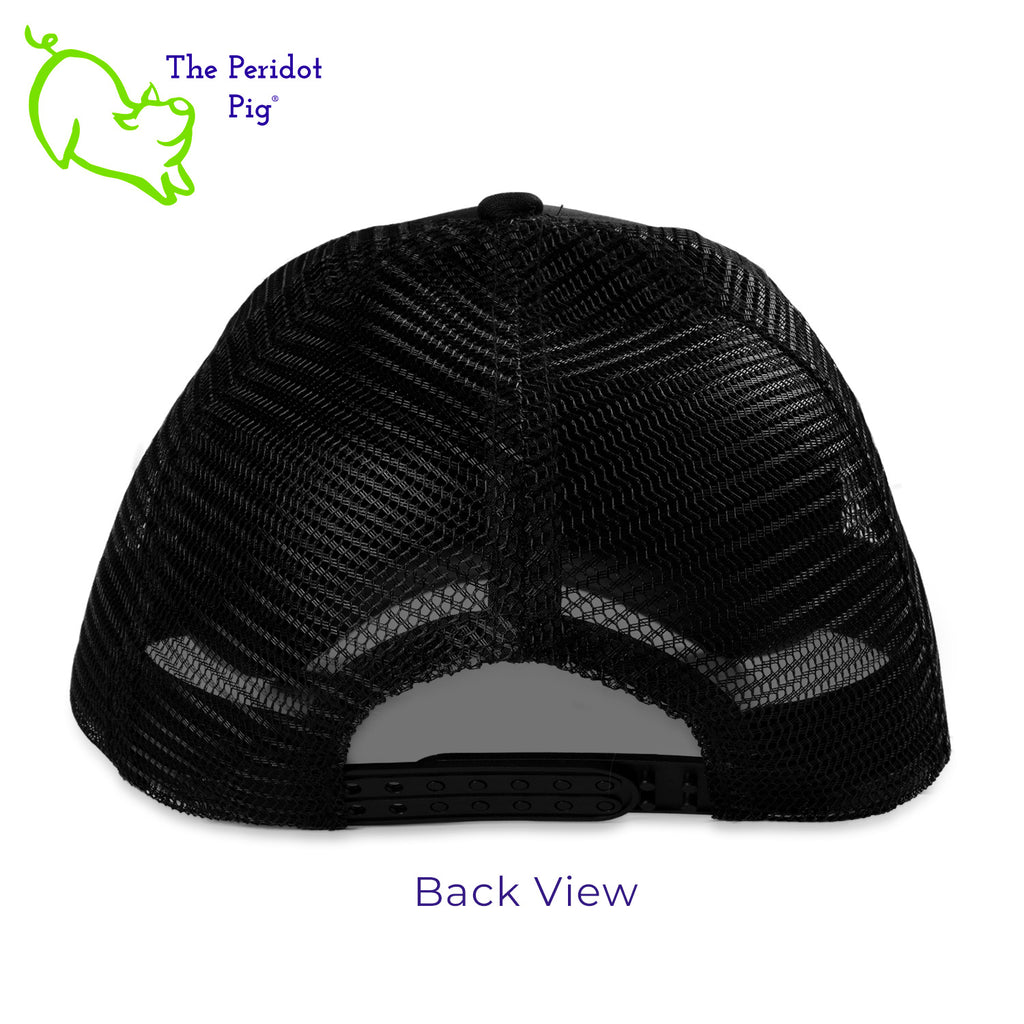 When you're out hiking in the woods, this mesh back structured trucker cap keeps the sun off your face but still stays cool. We're featuring Kristin Zako's All in Life logo on the front, printed on a holographic vinyl. Back view.