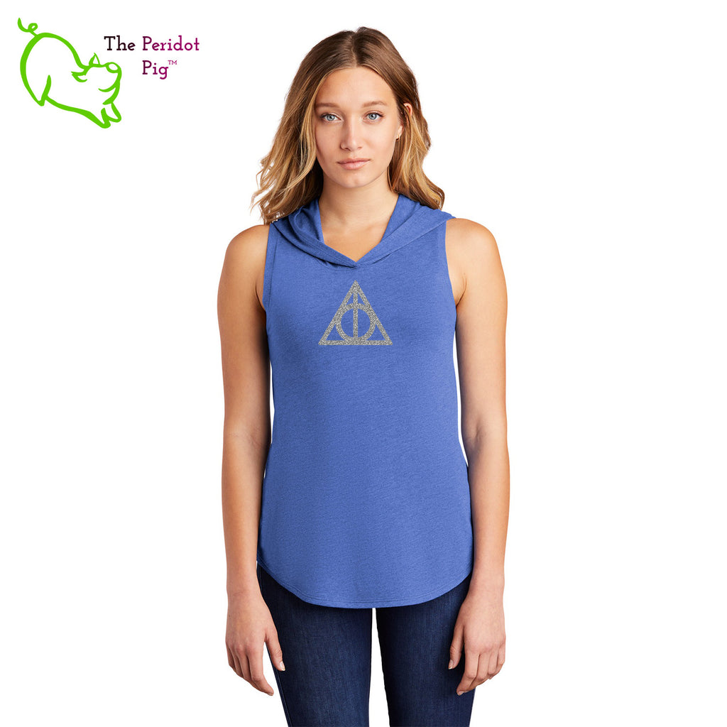 A perfect shirt for the HP fan featuring a silver glitter Deathly Hallows design. This sweet little hoodie tank is super soft, lightweight, and form-fitting (but not too tight in the mid-section) with a flattering cut. The arm holes have a finished rib knit edging. The front features a Deathly Hallows symbol in silver glitter vinyl and the back is blank. Front view shown in blue.