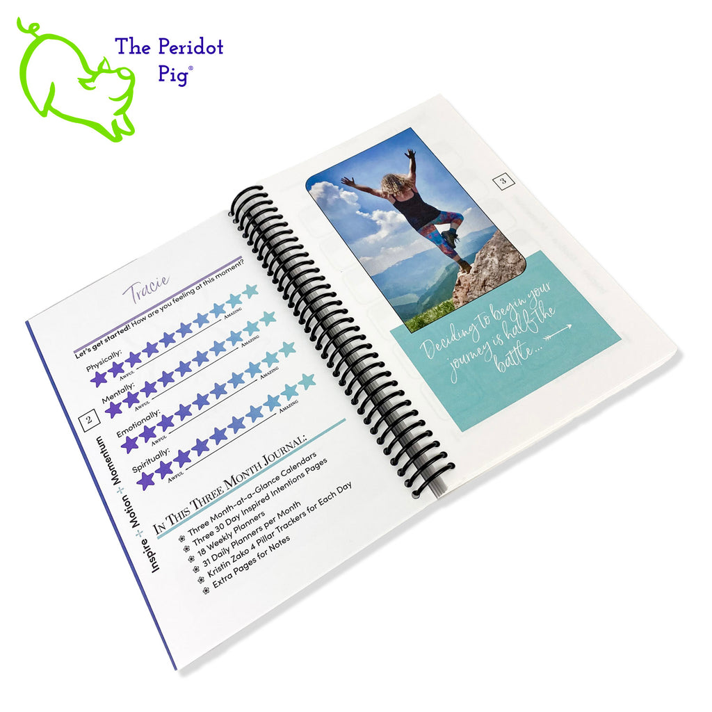 The journal is printed on 32 bond 5.5 x 8" paper which is a joy to write in. Colorful pages and illustrations help lay out your monthly, weekly and daily plans. The front cover is a beautiful wisteria purple with a cutout around her logo. The back is a navy cover stock. All of the 250 pages are bound in a spiral coil allowing the journal to lie flat or fold back.  Introduction view.