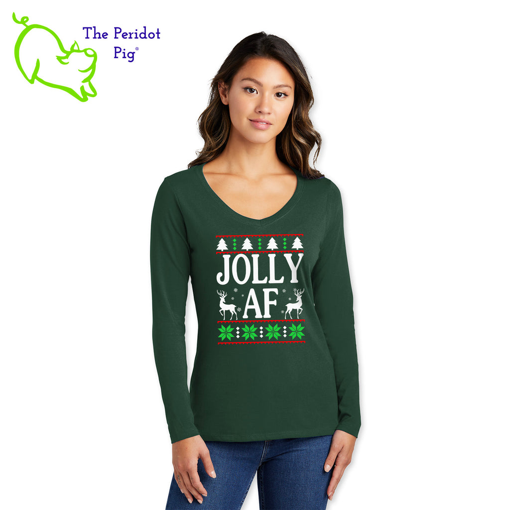 Shhh....we won't tell your mother-in-law what it means.  Enjoy this fun shirt and see if they finally ask.  Printed in bright color on a v-neck cotton, long sleeve t-shirt, it's perfect for the winter holidays! The front has a stylized sweater print with reindeer and the words, "Jolly AF". The back is undecorated. Front view shown in green.
