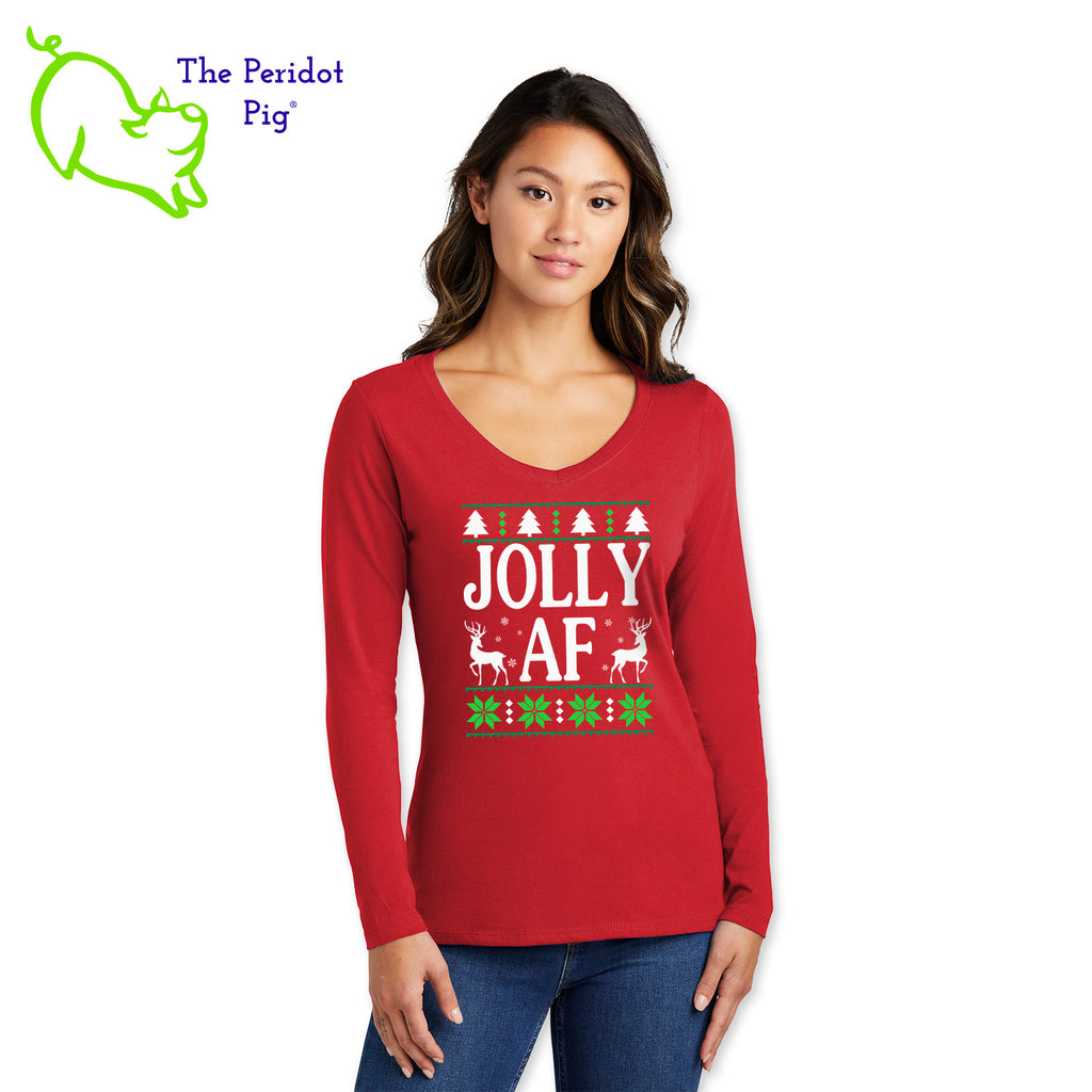 Shhh....we won't tell your mother-in-law what it means.  Enjoy this fun shirt and see if they finally ask.  Printed in bright color on a v-neck cotton, long sleeve t-shirt, it's perfect for the winter holidays! The front has a stylized sweater print with reindeer and the words, "Jolly AF". The back is undecorated. Front view shown in red.
