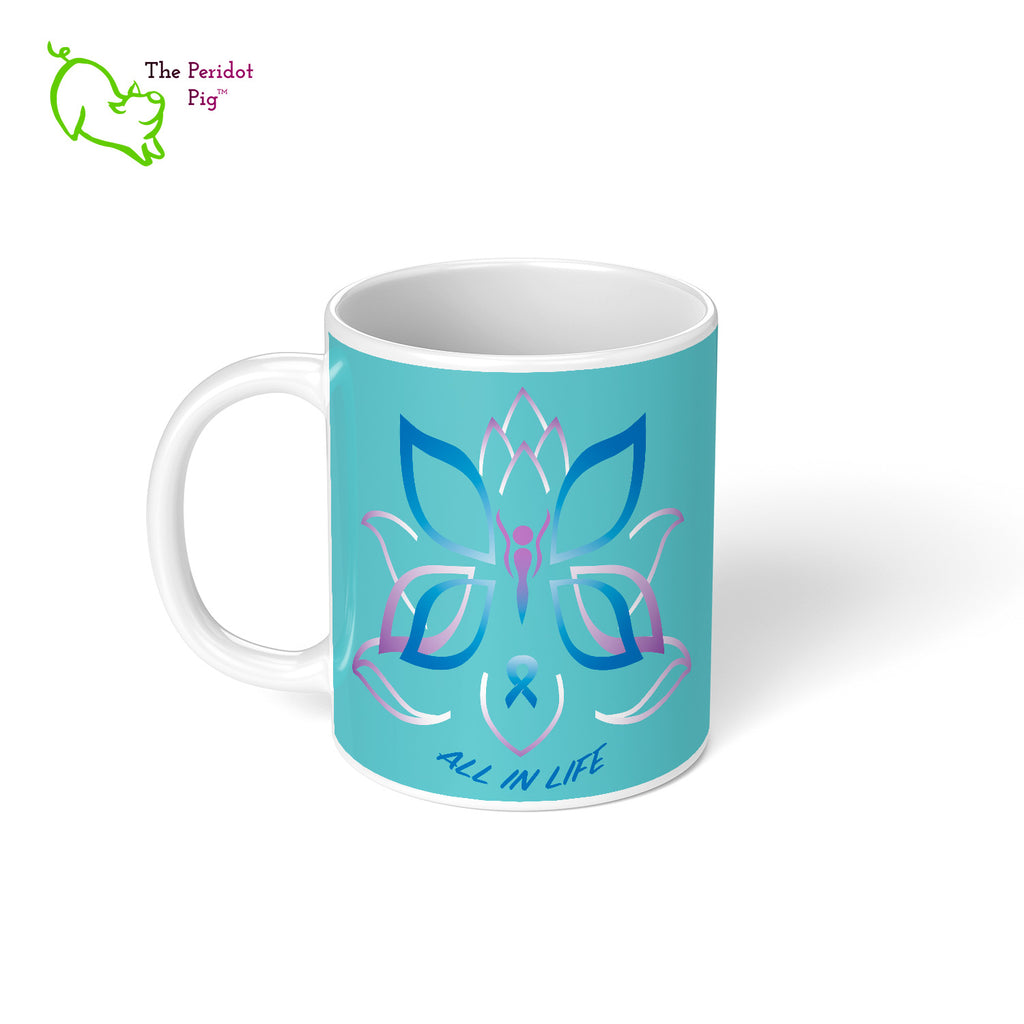 A wonderful mug featuring Kristin Zako's logo and a reminder of the four pillars in her philosophy. A great addition to your morning routine before you start a hectic day. Front view on all mugs