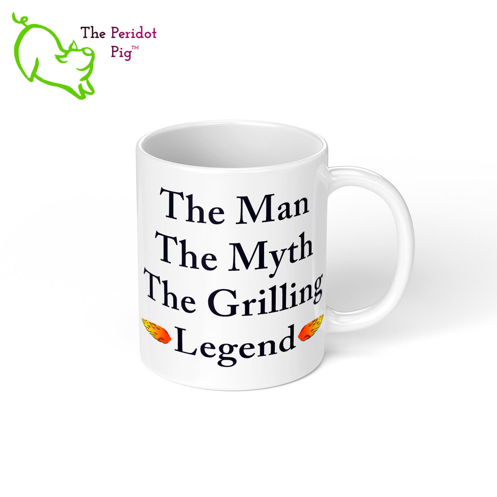 Got a grill master in your life? Consider our "too hot to handle" 11 oz coffee mug as a gift! These glossy white mugs feature hot coals in the background with text that can be personalized. You can add names, numbers, dates...the possibilities are endless. Style C right view.