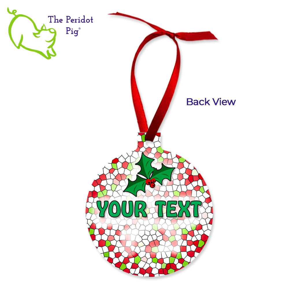 This ornament features the colorful artwork of Cathy Pavia. On the front, you have a lovely English Bulldog chewing on a candy cane with a festive holiday hat and bowtie. On the back, the ornament can be customized with your pet's name, year or any text of your choice. Back view shown with sample text.