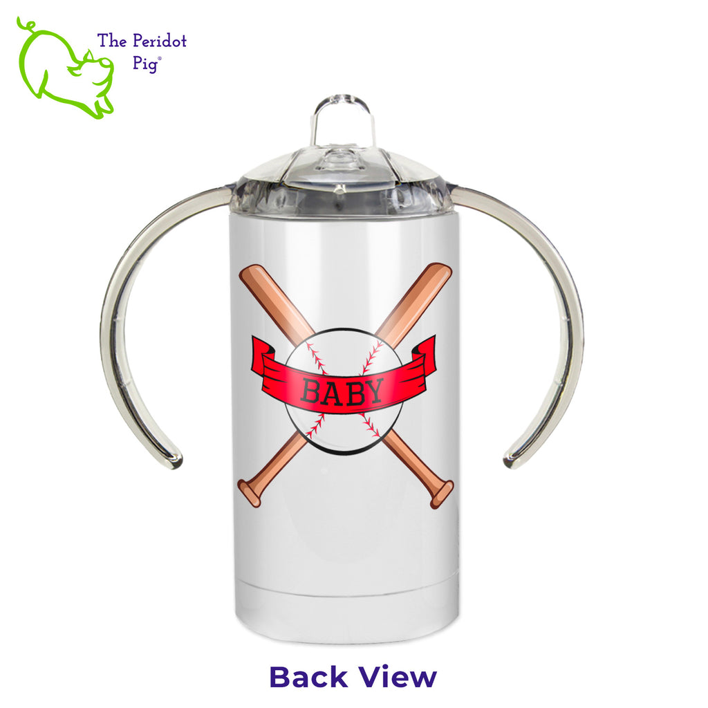 The perfect gift for baseball fan, new parents! Add the baby's name to this cute baseball themed sippy cup. These cups print beautifully in vivid color. We'll add their name in the bright red banner on both the front and back. Back view shown.