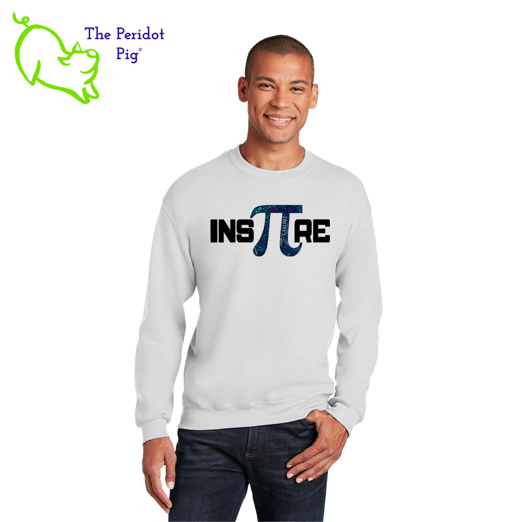 This warm, soft crewneck sweatshirt features our PI day InsPIre theme in vivid print on the front. It's available in four colors to help celebrate PI in style. Front view shown in white.