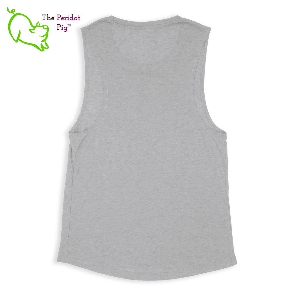 This comfortable muscle tank is soft and flowy with low cut armholes for a relaxed look. The shirt features Kristin Zako's logo on the front in bright blue and purple colors. The back is blank. The print is a translucent, faded "vintage" look due to the blend of the fabric. Back view in Heather Athletic.