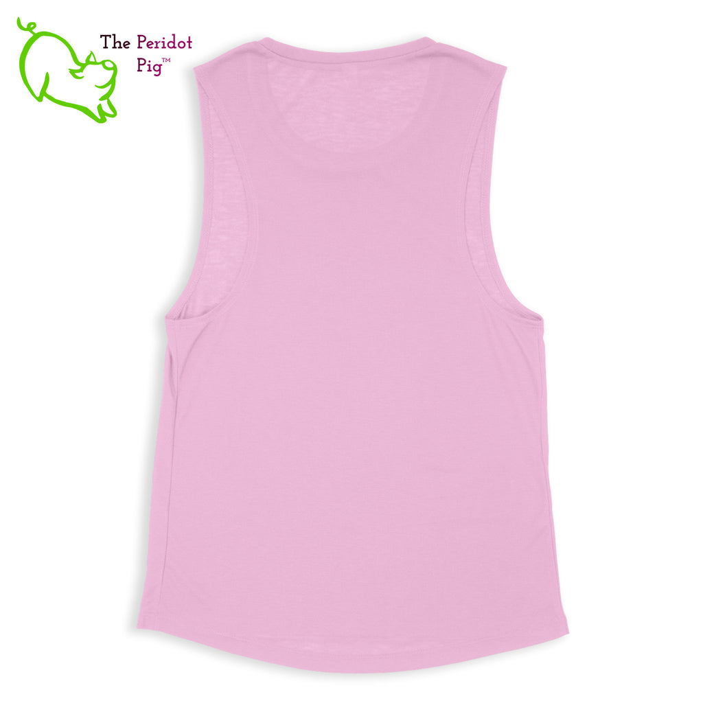 This comfortable muscle tank is soft and flowy with low cut armholes for a relaxed look. The shirt features Kristin Zako's logo on the front in bright blue and purple colors. The back is blank. The print is a translucent, faded "vintage" look due to the blend of the fabric. Back view in Lilac.