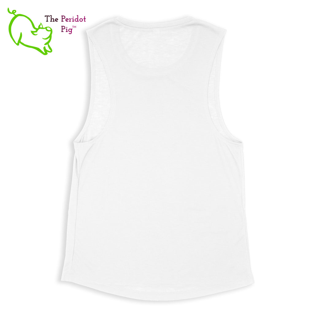 This comfortable muscle tank is soft and flowy with low cut armholes for a relaxed look. The shirt features Kristin Zako's logo on the front in bright blue and purple colors. The back is blank. The print is a translucent, faded "vintage" look due to the blend of the fabric. Back view in White.