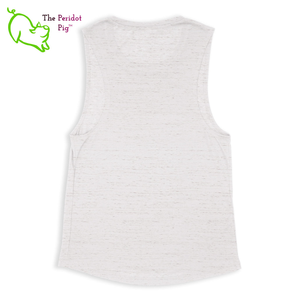 This comfortable muscle tank is soft and flowy with low cut armholes for a relaxed look. The shirt features Kristin Zako's logo on the front in bright blue and purple colors. The back is blank. The print is a translucent, faded "vintage" look due to the blend of the fabric. Back view in White Marble.