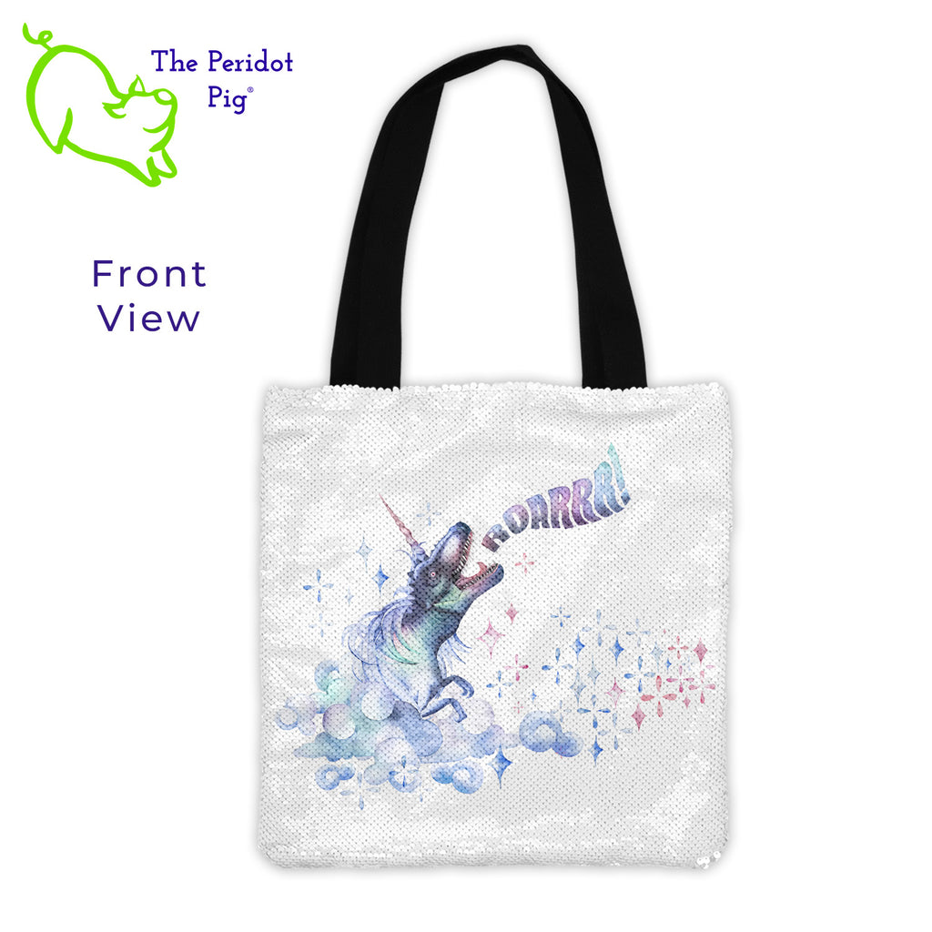 The DinoCorns are back just in time for Spring! We all need to add a bit of fun bling! This fun tote has "flip sequins" on the front like you've seen on pillows and other accessories. Flip them one way and it's a bright silver. Flip them the other way, the sequins are white with our fun DinoCorn prints.   Option A-Single has one DinoCorn with a "ROARR!!". Option B-Double has two DinoCorns depicted back-to-back with magical crystals. Option A show front.
