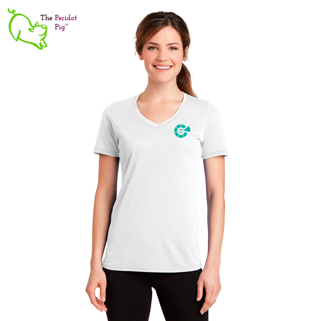 These super soft shirts are made from a poly cotton blend that is very comfortable. The print is a vivid sublimation print that won't crack or fade over time. The front sports our the Healthy Pi logo on the left chest area. The back has a larger version of the Healthy Pi, Inc logo. Front view on model.