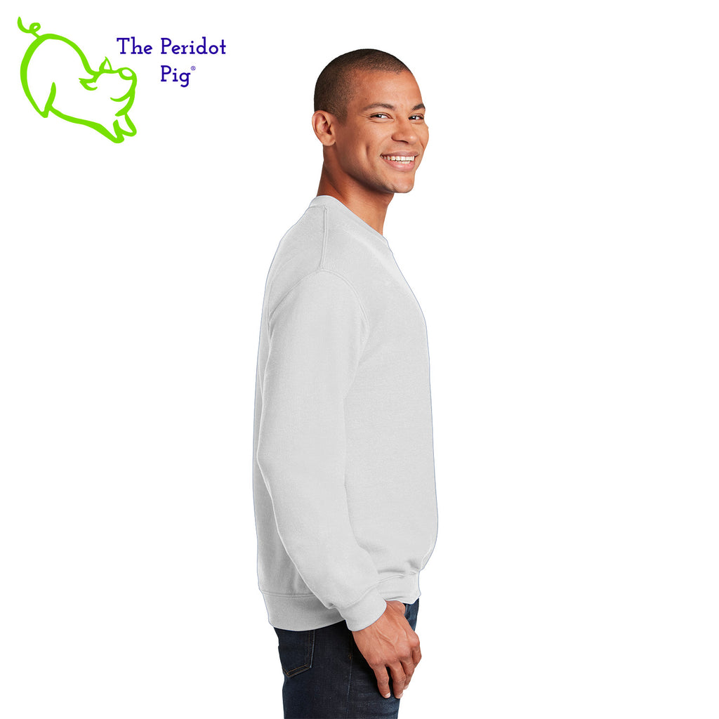 This warm, soft crewneck sweatshirt features our PI day InsPIre theme in vivid print on the front. It's available in four colors to help celebrate PI in style. Side view shown in white.