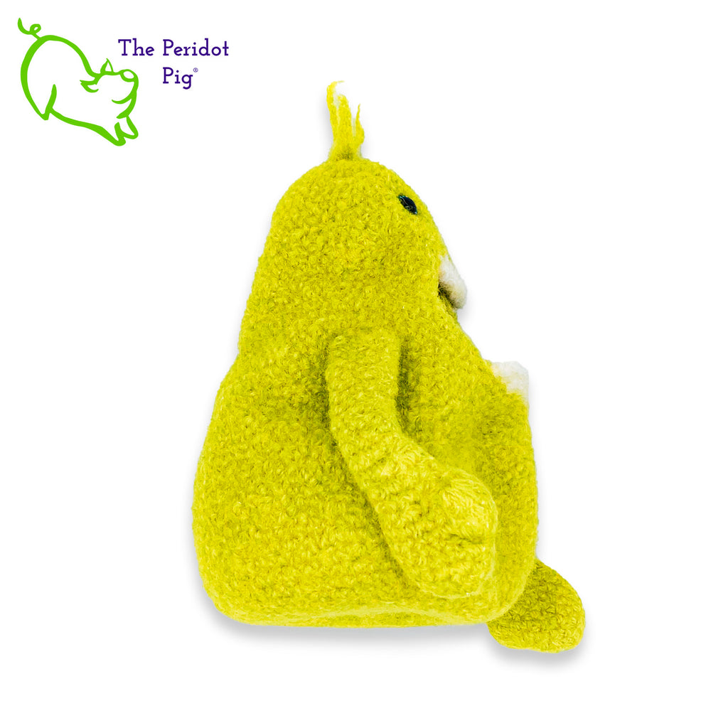 Gary has a big mouth! He's not loud though...he just likes to cram stuff in his big mouth. He prefers candy but you could easily fill him with anything.  His dream is to show up in a kid's Easter basket one day. Definitely needs to be a special kid that appreciates little monsters like Gary. He's made of 100% wool that has been felted down to create his hollow body. His arms are floppy and he has a little tuft of his pear green hair on top.  His eyes are a bright blue. Right view shown.