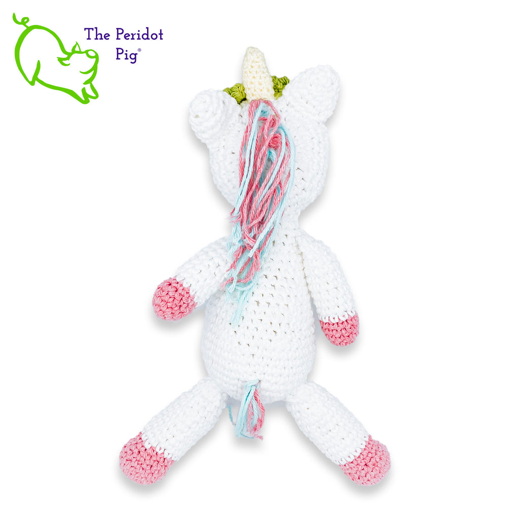 Lily is my first unicorn amigurumi. She's made of sturdy cotton yarn in white, pink, teal and green. She has a cute little yellow horn with three green flowers surrounding her head. She's a soft, squishy toy but still pretty indestructible and meant to last a life-time.  Back view long shown.