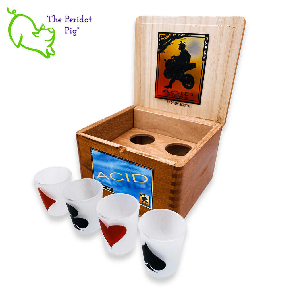 Do you have cigar smoking, card playing, shot drinking kind of friend?? Here's the perfect gift for them! We've taken a gently used cigar box and added a holder for 4 frosted glass shot glasses. We've then printed a spade, club, diamond and heart on the front of each shot glass. Front view with four glasses shown.
