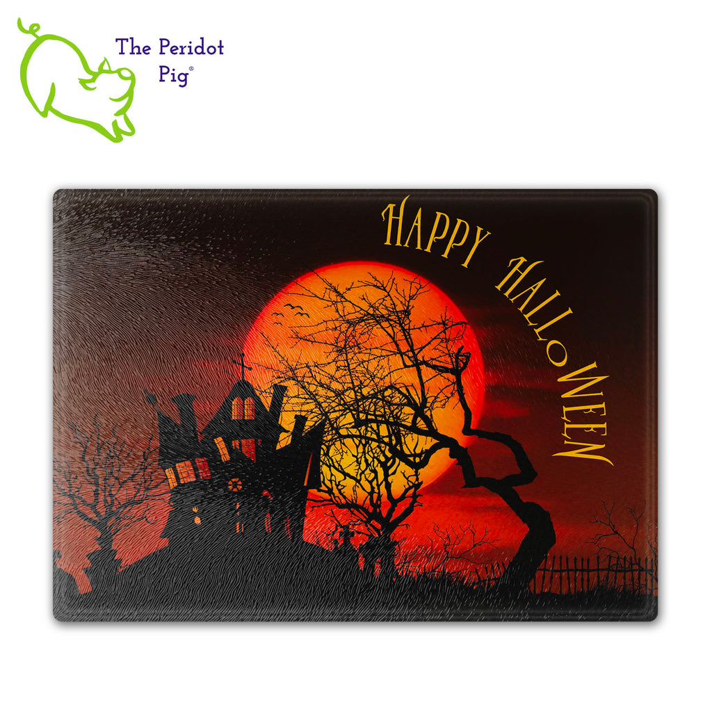 How about a Halloween cutting board for your next party? These make a perfect birthday, holiday or house warming gift! We've designed these with a dark graveyard scene. "Happy Halloween" is printed in a bright orange. They are printed in permanent sublimation colors that are vivid and bright. 11x16" version shown.