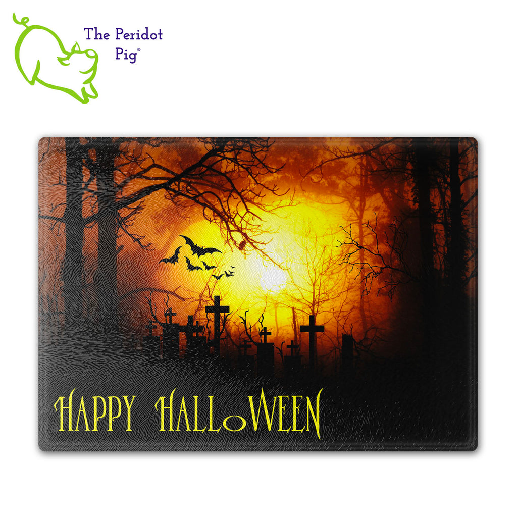 How about a Halloween cutting board for your next party? These make a perfect birthday, holiday or house warming gift! We've designed these with a dark graveyard scene. "Happy Halloween" is printed in a bright orange. They are printed in permanent sublimation colors that are vivid and bright. 11x16" round version shown.