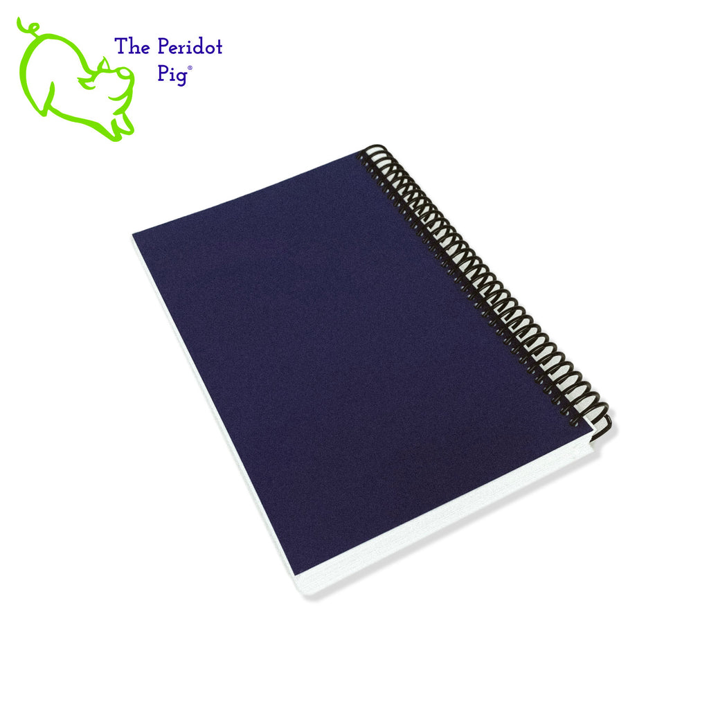 The journal is printed on 32 bond 5.5 x 8" paper which is a joy to write in. Colorful pages and illustrations help lay out your monthly, weekly and daily plans. The front cover is a beautiful wisteria purple with a cutout around her logo. The back is a navy cover stock. All of the 250 pages are bound in a spiral coil allowing the journal to lie flat or fold back.  Back cover view.