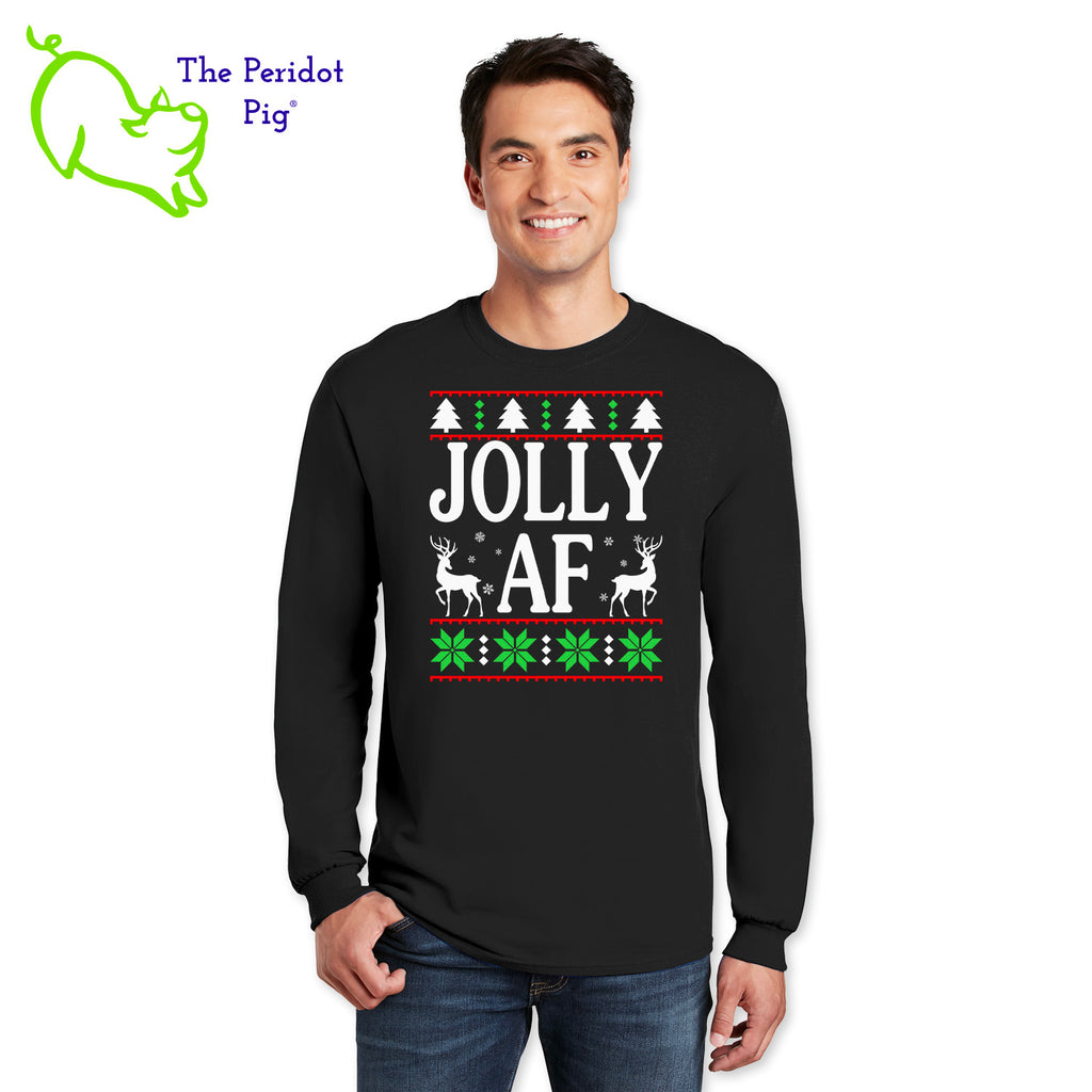 Shhh....we won't tell your mother-in-law what it means. Enjoy this fun shirt and see if they finally ask. Printed in bright color on a heavy cotton, long sleeve t-shirt, it's perfect for the winter holidays! The front has a stylized sweater print with reindeer and the words, "Jolly AF". The back is undecorated. Front view shown in black.