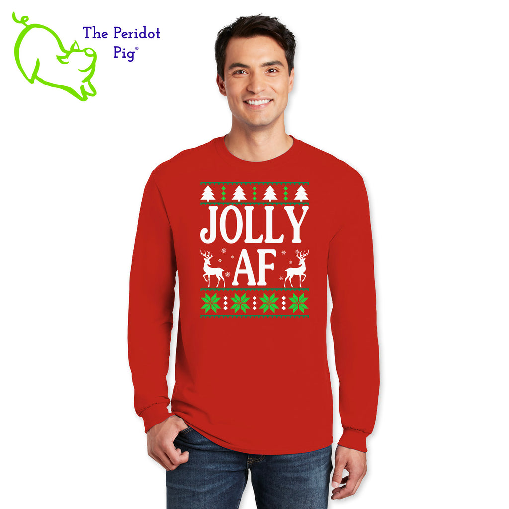 Shhh....we won't tell your mother-in-law what it means. Enjoy this fun shirt and see if they finally ask. Printed in bright color on a heavy cotton, long sleeve t-shirt, it's perfect for the winter holidays! The front has a stylized sweater print with reindeer and the words, "Jolly AF". The back is undecorated. Front view shown in red.
