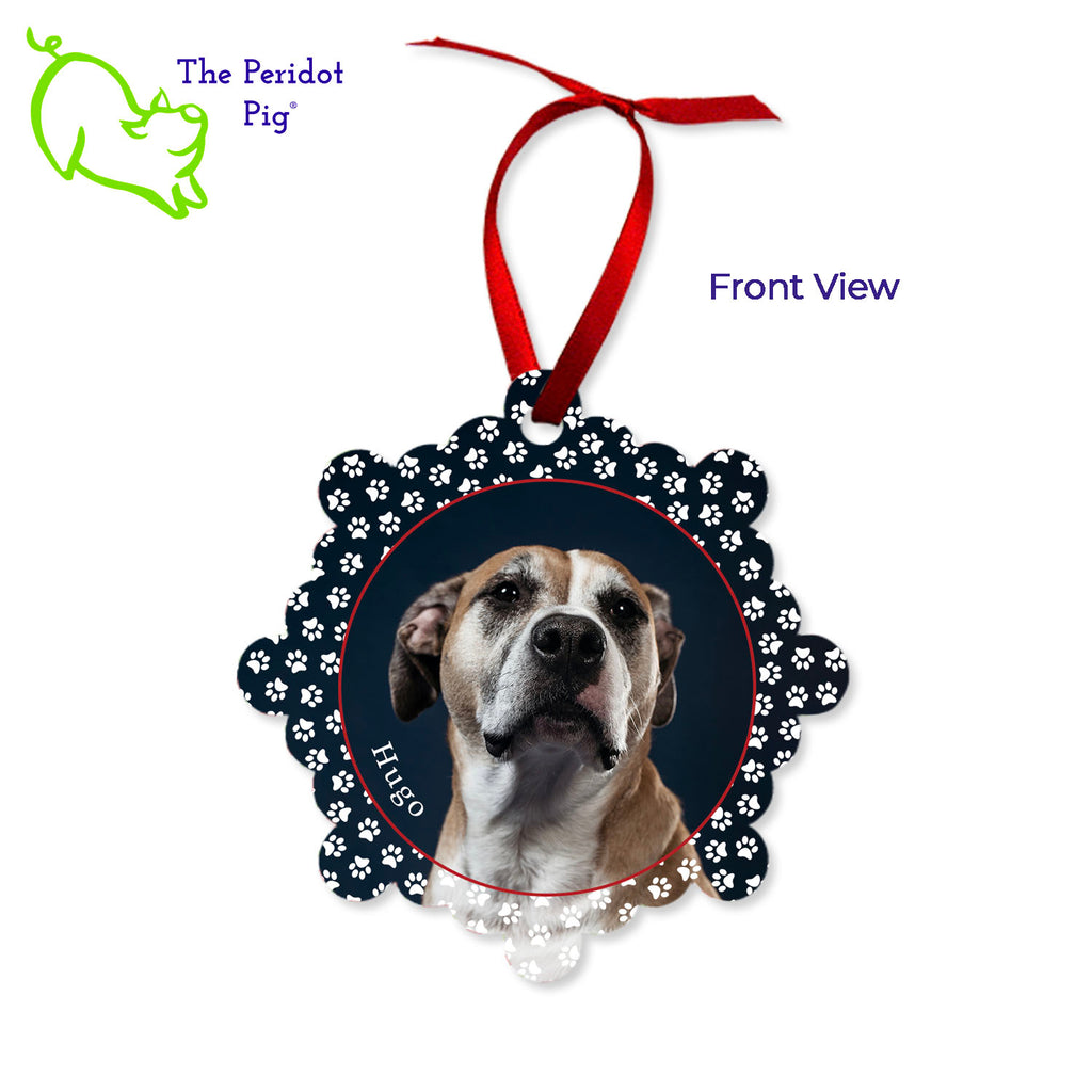 Create a beautiful keepsake ornament for the holidays! These aluminum ornaments can be printed in vivid color with the photo or artwork of your own choice. Both sides can be customized. The ornament is light weight for hanging on the tree and comes with a ribbon hanger. We've shown them here with the year on the back with a fun Christmas candy stripe pattern. On the front, choose from 5 different border styles. Shown front view with dog paws border.