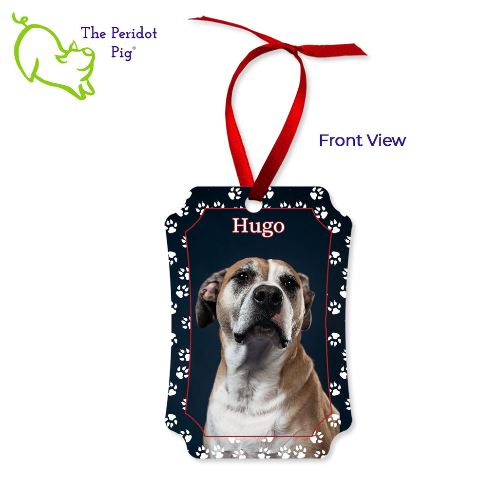 Create a beautiful keepsake ornament for the holidays! These aluminum ornaments can be printed in vivid color with the photo or artwork of your own choice. Both sides can be customized. The ornament is light weight for hanging on the tree and comes with a ribbon hanger. We've shown them here with the year on the back with a fun Christmas candy stripe pattern. On the front, choose from 5 different border styles. This style is best with a vertical picture. Shown front view with the dog paws border.
