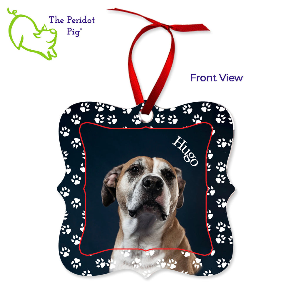 These aluminum ornaments can be printed in vivid color with the photo or artwork of your own choice. Both sides can be customized. The ornament is light weight for hanging on the tree and comes with a ribbon hanger. We've shown them here with the year on the back with a fun Christmas candy stripe pattern. On the front, choose from 5 different border styles. This style is best with a square picture. Front view shown with Dog Paws border.