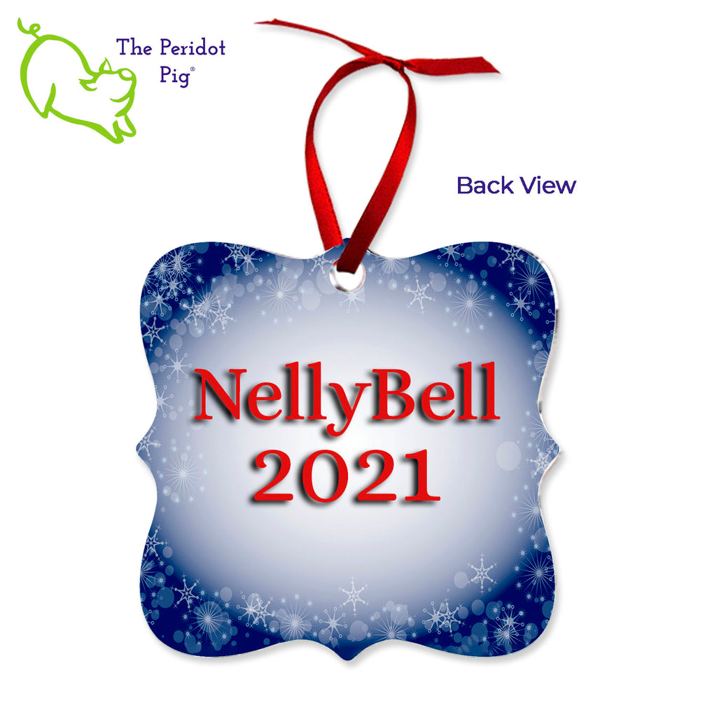 This ornament features the colorful artwork of Cathy Pavia. On the front, you have a lovely Golden Retriever with a nest of birds on their head. There's a cardinal, robin, blue jay and a woodpecker along with some baby birdies. On the back, the ornament can be customized with your pet's name, year or any text of your choice. Back view shown with sample text.