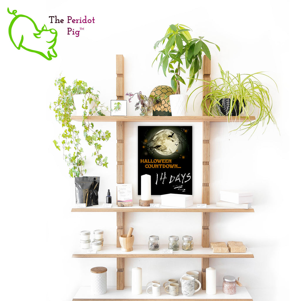 Some people live for Halloween and others (like me!) never bother to take down their spooky decorations. Here's a new product that will help you track when the big day is soon to arrive. The image depicts a full moon with crows and bats and bright orange lettering that says, "Halloween Countdown..." There is space below for you to add in the remaining months, weeks and/or days along with any other notes you might want to jot down on the chalkboard. Shown front view with staged shelving.