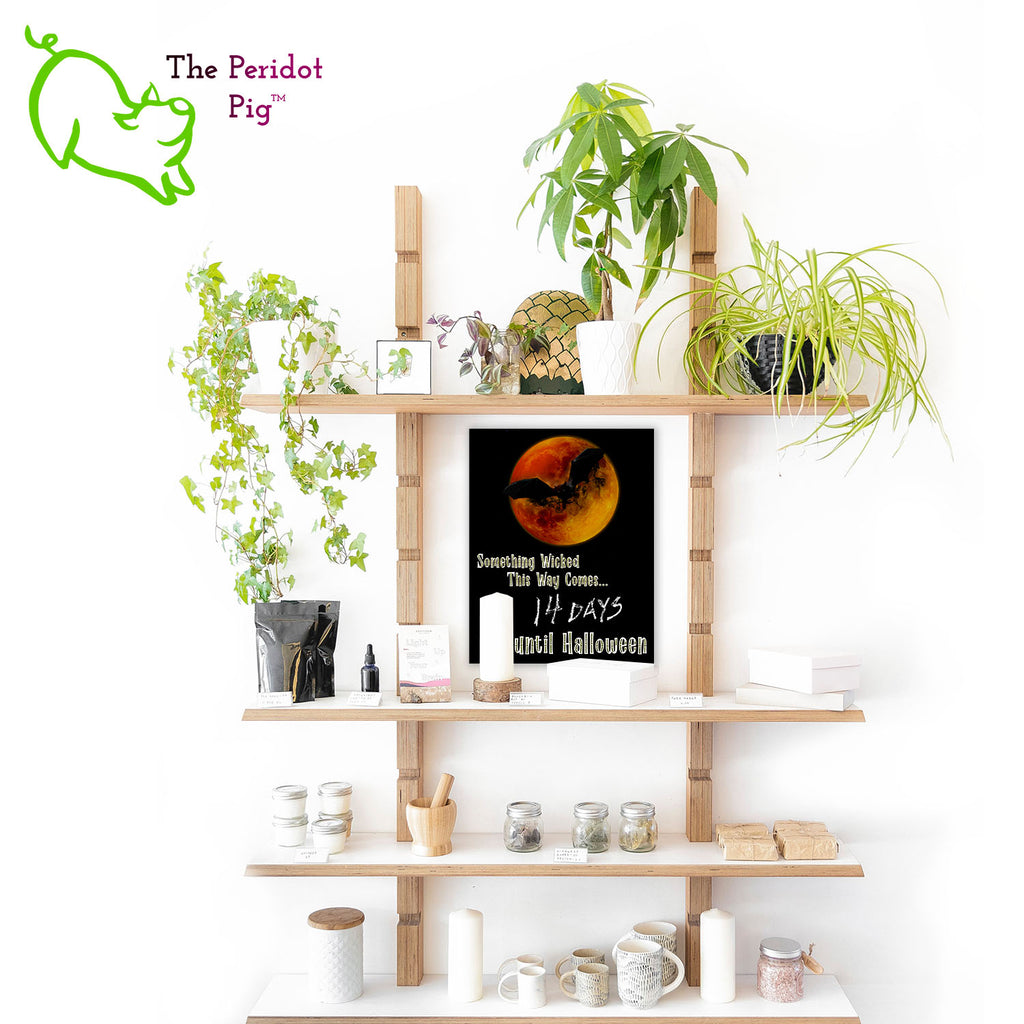 Some people live for Halloween and others (like me!) never bother to take down their spooky decorations. Here's a new product that will help you track when the big day is soon to arrive. Style B: Shows a full moon with a smoky bats approaching and lettering that says, "Something wicked this way comes..." There is space below for you to add in the remaining months, weeks and/or days along with any other notes you might want to jot down on the chalkboard. Below it says "...until Halloween".