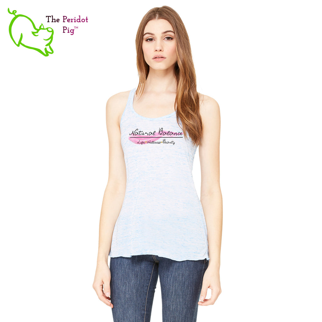 This racerback tank is super soft, lightweight, and form-fitting (but not too tight in the mid-section) with a flattering cut and raw edge seams for an edgy touch. The front features Coach Michele Smits' Natural Balance logo and the back is blank. Front view in blue marble.