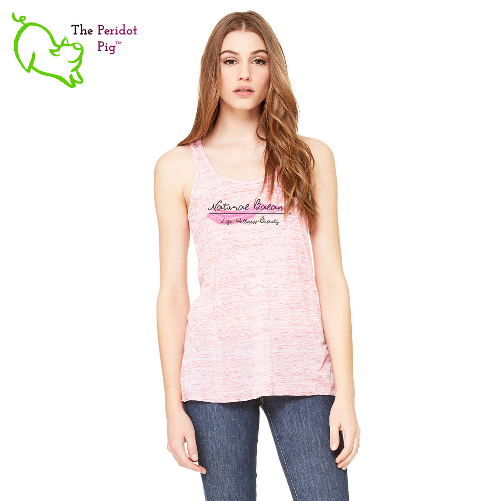 This racerback tank is super soft, lightweight, and form-fitting (but not too tight in the mid-section) with a flattering cut and raw edge seams for an edgy touch. The front features Coach Michele Smits' Natural Balance logo and the back is blank. Front view in red marble.