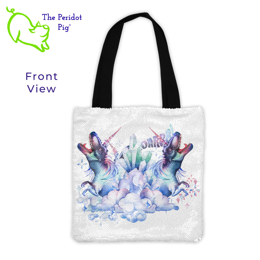The DinoCorns are back just in time for Spring! We all need to add a bit of fun bling! This fun tote has "flip sequins" on the front like you've seen on pillows and other accessories. Flip them one way and it's a bright silver. Flip them the other way, the sequins are white with our fun DinoCorn prints.   Option A-Single has one DinoCorn with a "ROARR!!". Option B-Double has two DinoCorns depicted back-to-back with magical crystals. Option B shown - front view.